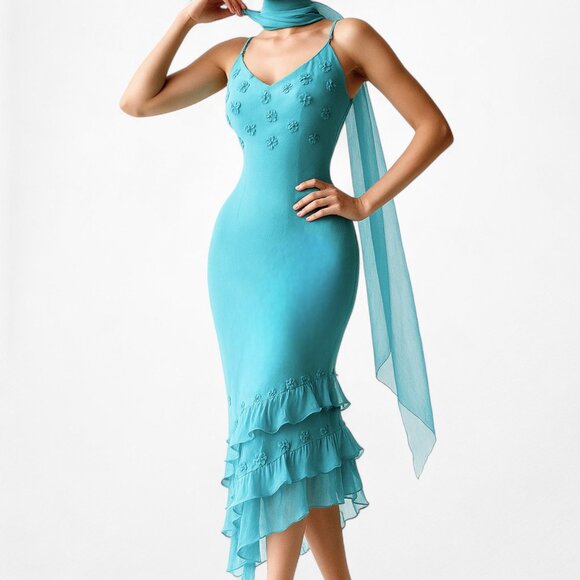 Vintage Blue Silk High Low Floral Beaded Slip On Midi Cocktail Dress Size S/M - Picture 1 of 8